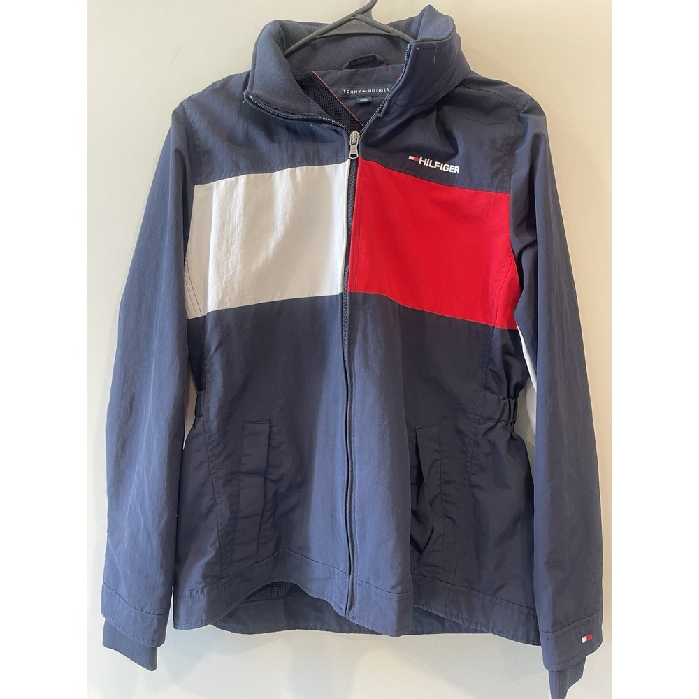 Vintage Tommy Hilfiger Women's S/P Spell Out Color Block Hooded Full Zip Jacket